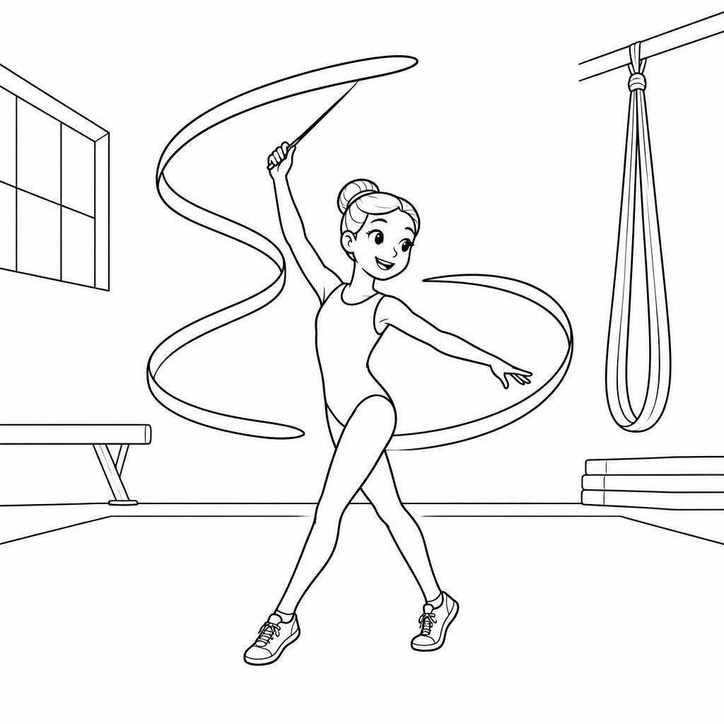 Coloring page of a female gymnast, aerial silk performer twirling a ribbon