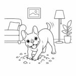 Page de coloriage d’un chien bouledogue français, un compagnon joueur qui creuse un trou