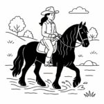 Page de coloriage d&rsquo;une cavalière de cheval Frison, cowgirl traversant une rivière