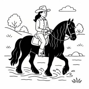 Coloring page of a Friesian horse female rider, cowgirl crossing a river