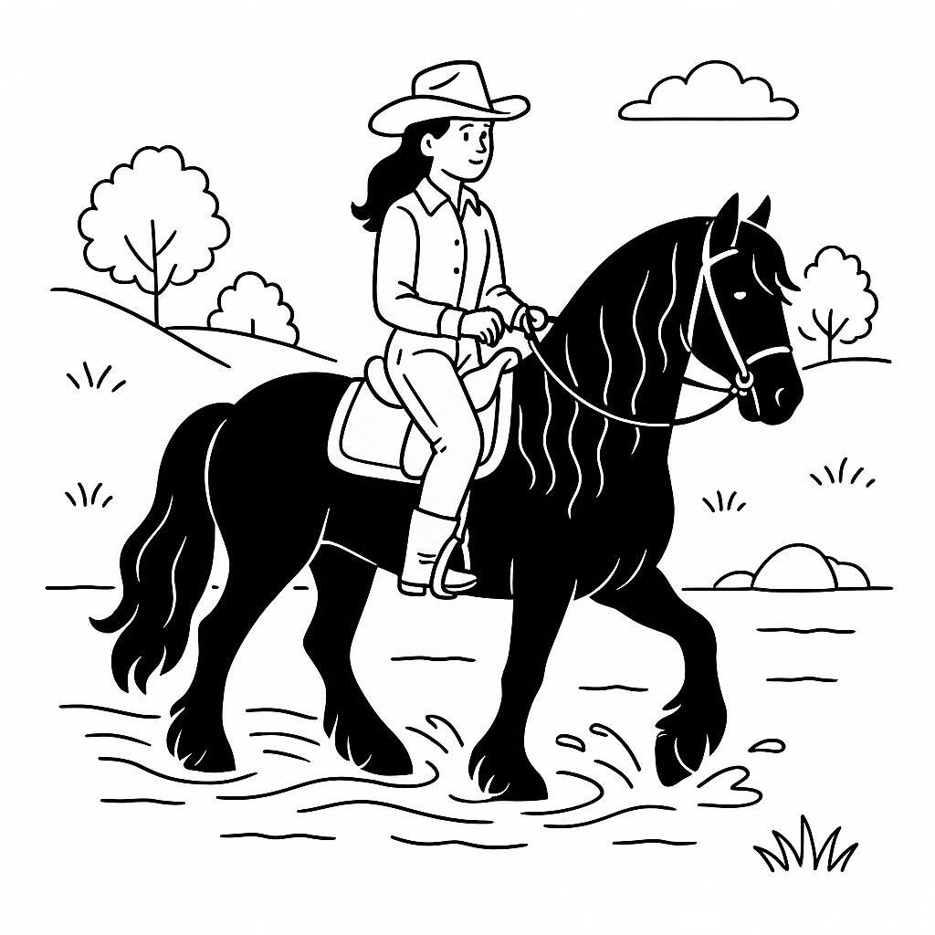 Coloring page of a Friesian horse female rider, cowgirl crossing a river