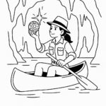 Page de coloriage d&rsquo;une voyageuse intrépide, archéologue pagayant en canoë