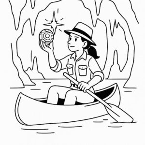 Coloring page of a intrepid female traveler, archaeologist paddling a canoe