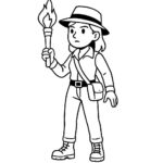 Page de coloriage d’une voyageuse intrépide, enquêtrice de ruines tenant une torche dans l’obscurité