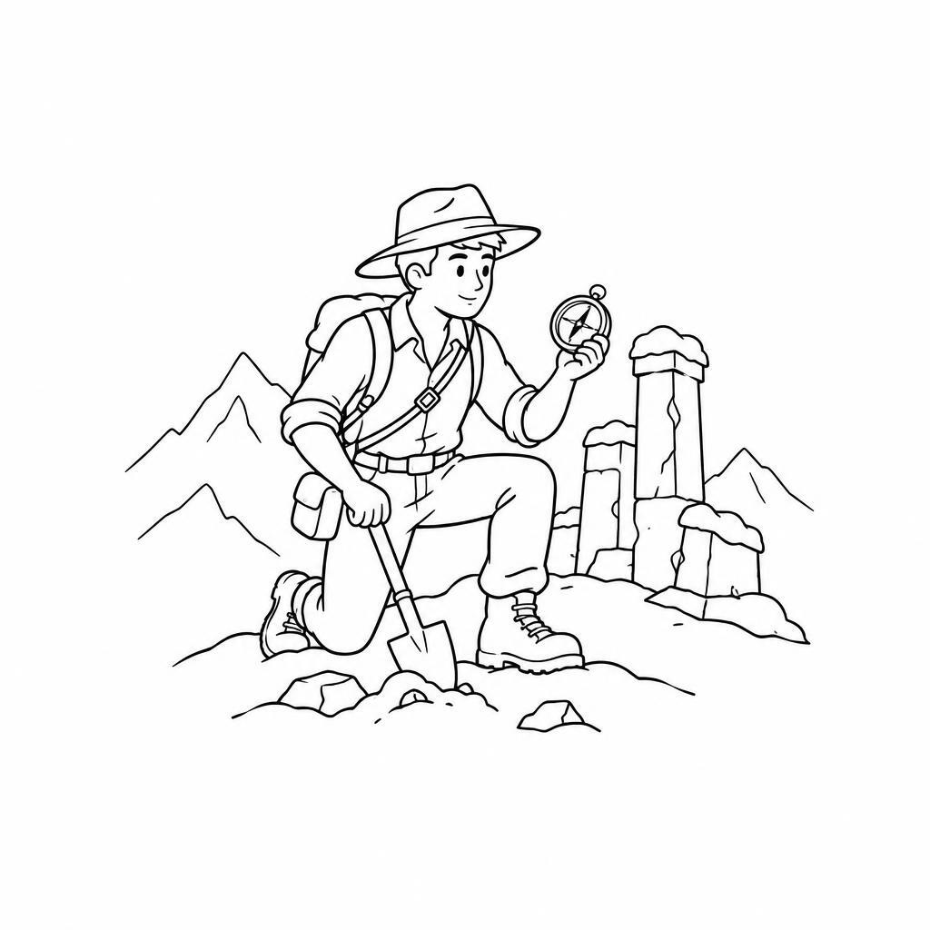 Coloring page of a jungle adventurer, timeworn relic seeker digging near old ruins