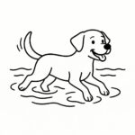 Page de coloriage d&rsquo;un chien Labrador Retriever, chiot énergique nageant dans un lac