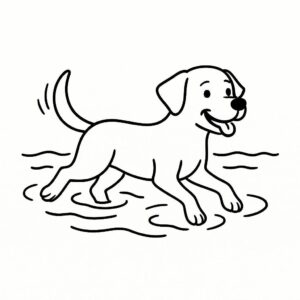 Coloring page of a Labrador Retriever dog, energetic pup swimming in a lake