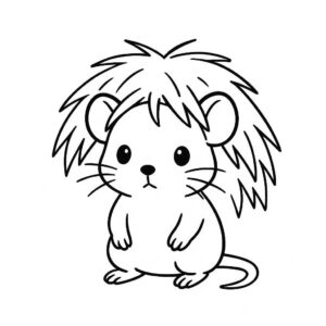 Coloring page of a little rodent, curious critter hiding under hay