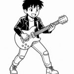 Page de coloriage d&rsquo;un personnage de manga, débutant jouant de la guitare