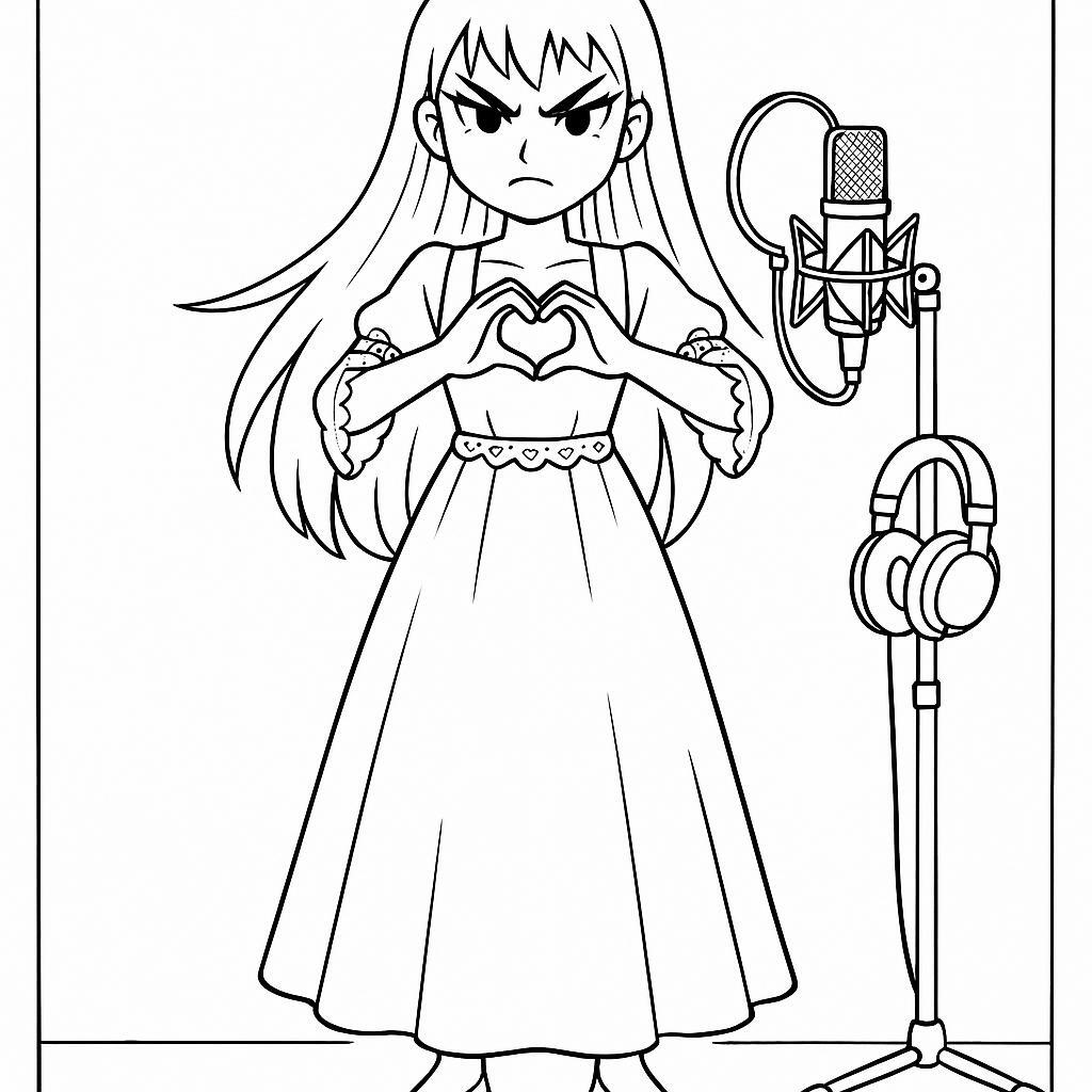 Coloring page of a manga character, singer making a heart with hands