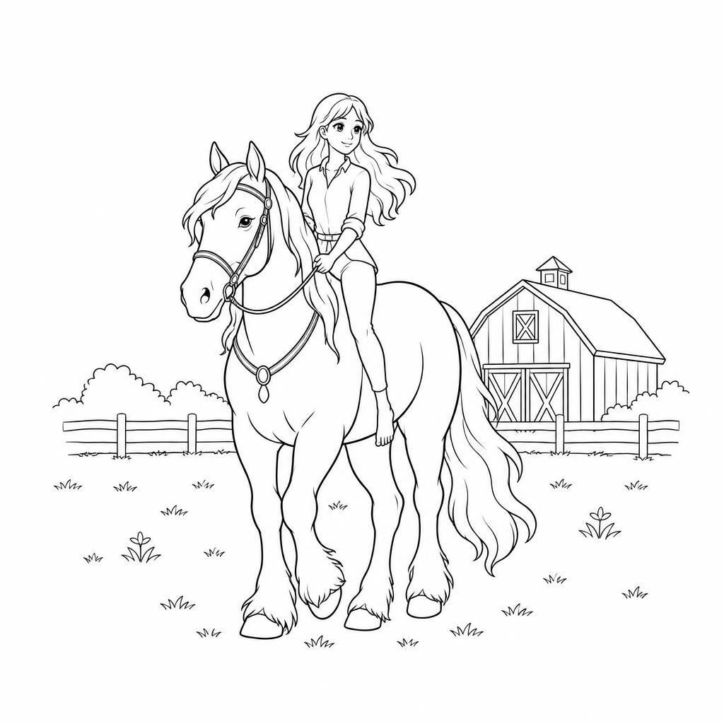 Coloring page of a mare, draft horse a woman riding bareback through a meadow