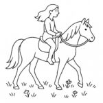 Page de coloriage d’une jument, cheval de ferme, une femme chevauchant à cru à travers une prairie