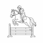 Coloriage d’une jument de saut d’obstacles franchissant une barrière