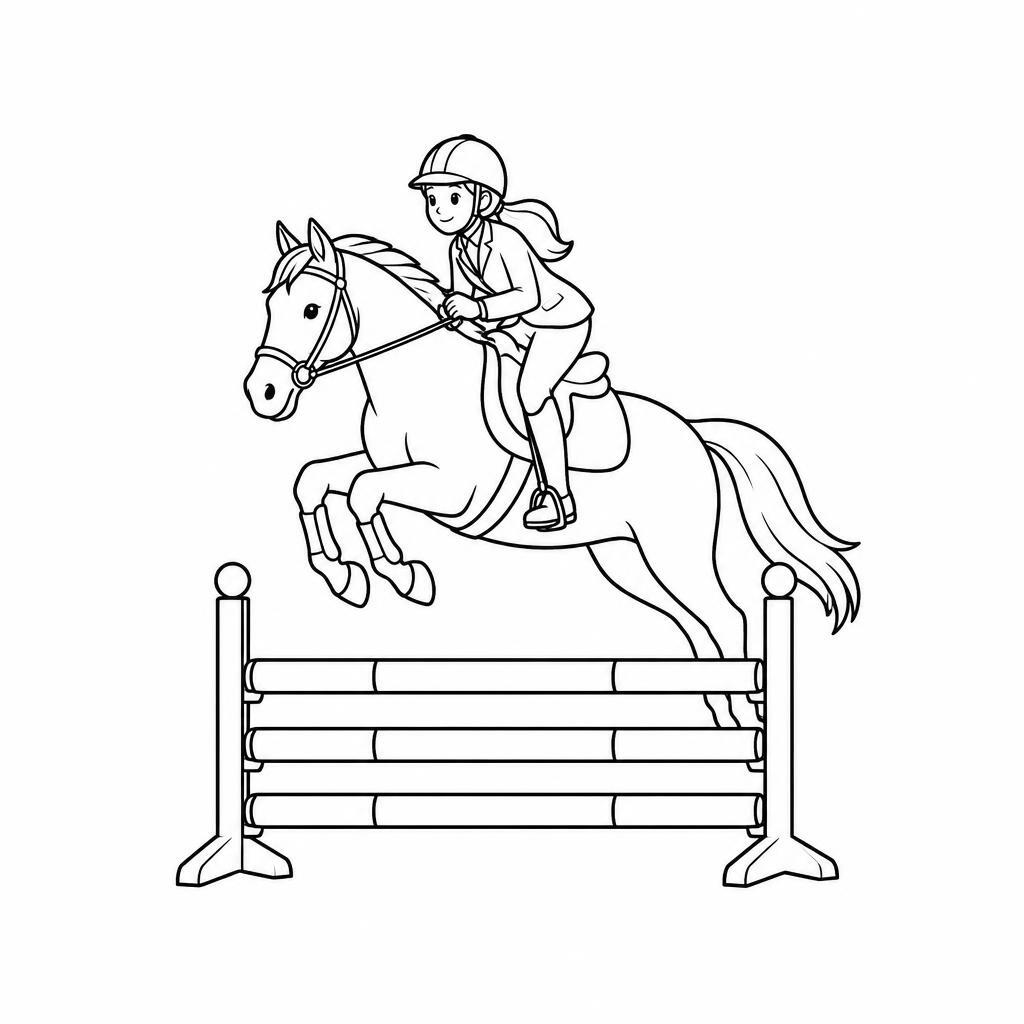 Coloring page of a mare, show jumper jumping over a fence