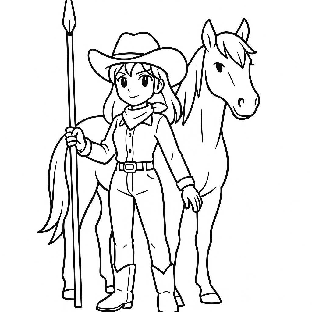 Coloring page of a Mustang female rider, cowgirl posing proudly with her horse