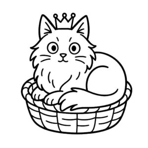 Coloring page of a Norwegian Forest Cat cat, curious cat curled up in a basket