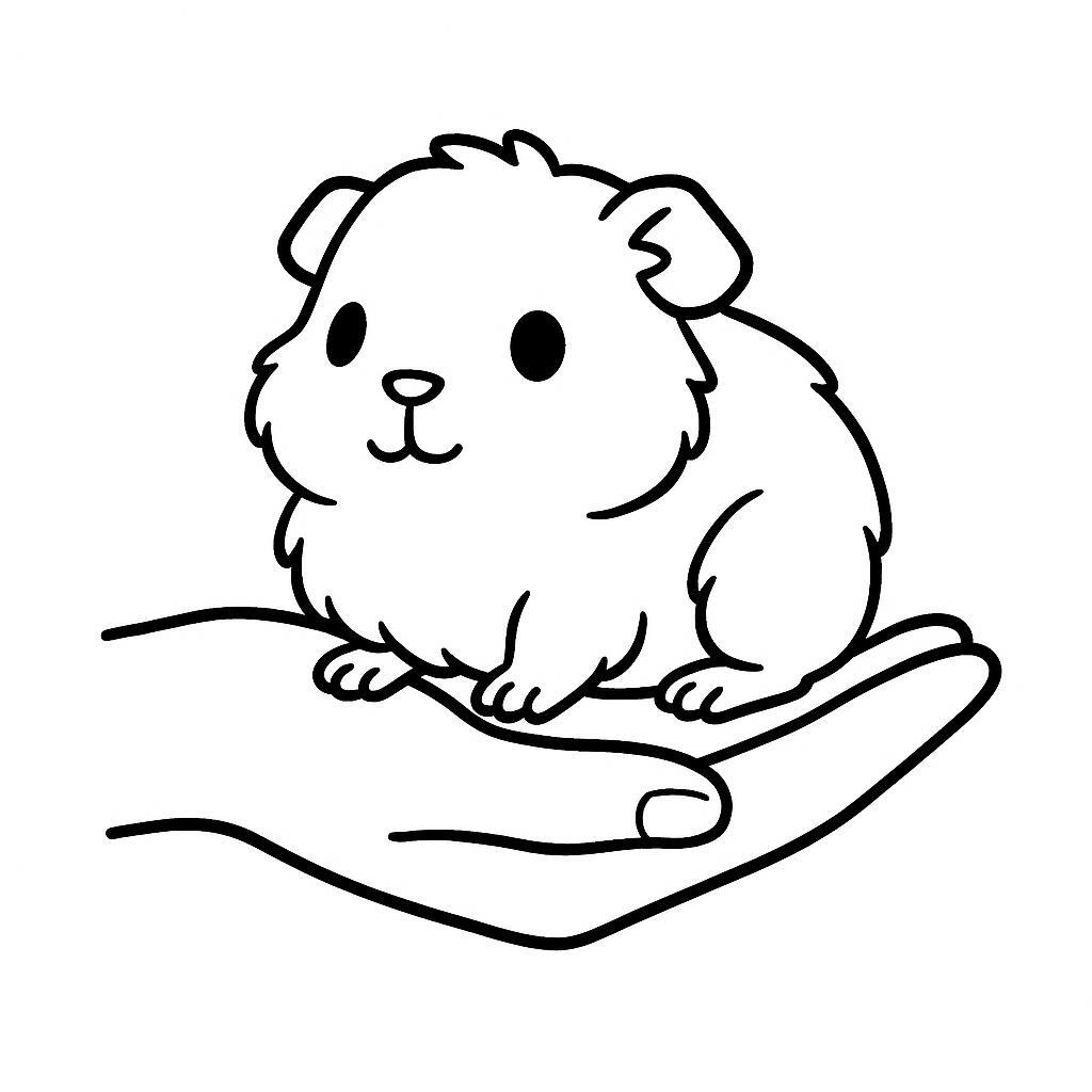 Coloring page of a pet guinea pig, fluffy friend resting on a human hand