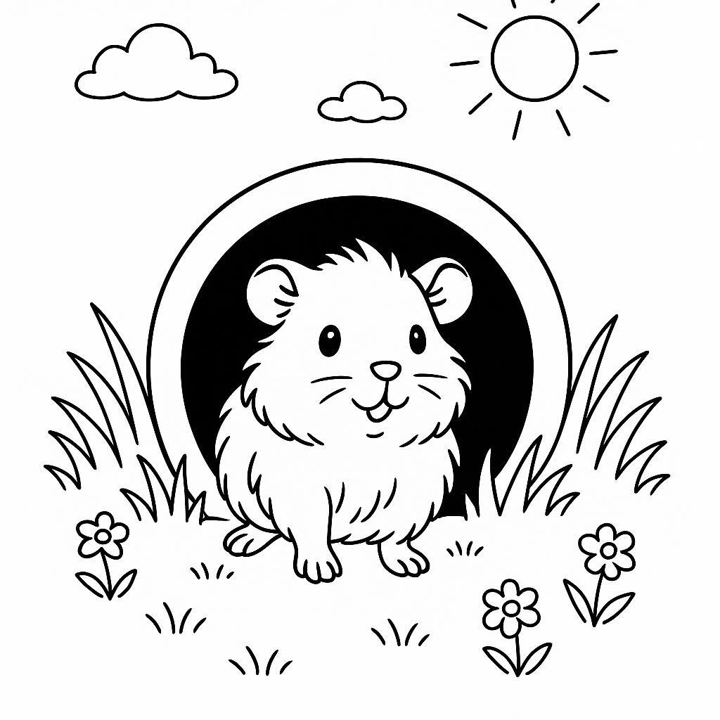 Coloring page of a pet guinea pig, tiny explorer peeking from a tunnel