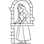 Page à colorier d&rsquo;une princesse, charmante dirigeante regardant par la fenêtre d&rsquo;une tour
