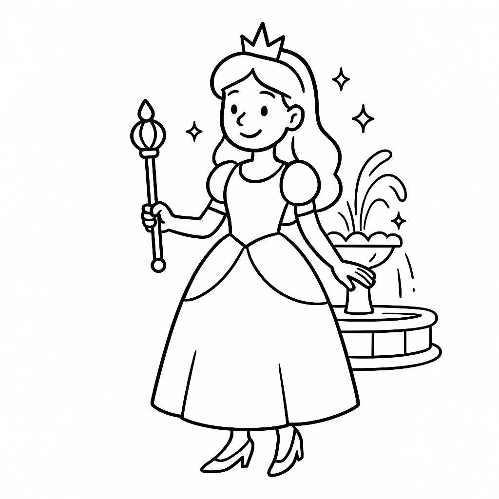 Coloring page of a princess, kind ruler holding a scepter