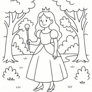 Coloring page of a princess, kind ruler holding a scepter