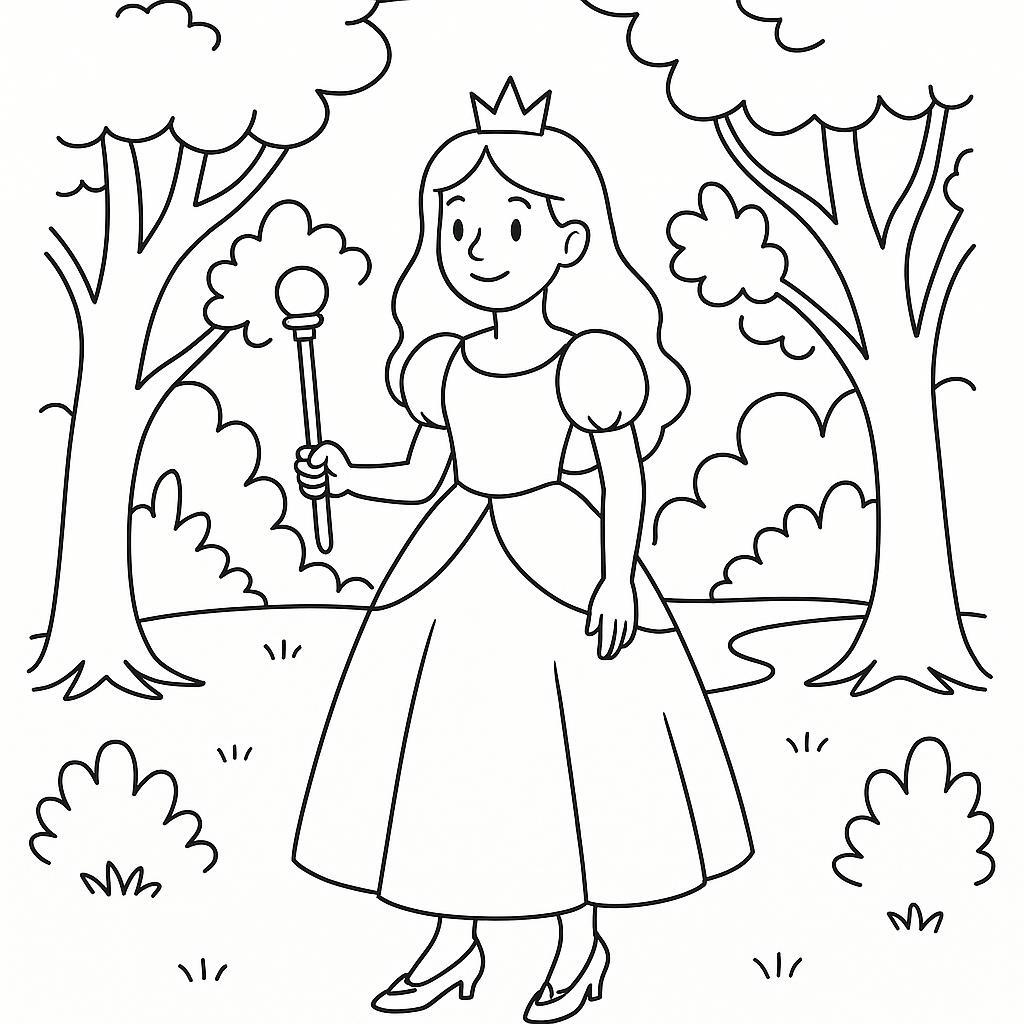 Coloring page of a princess, kind ruler holding a scepter