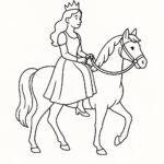 Page à colorier d&rsquo;une princesse, noble protectrice chevauchant un cheval blanc