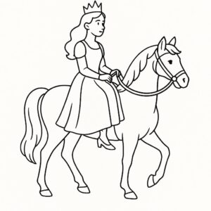 Coloring page of a princess, noble protector riding a white horse