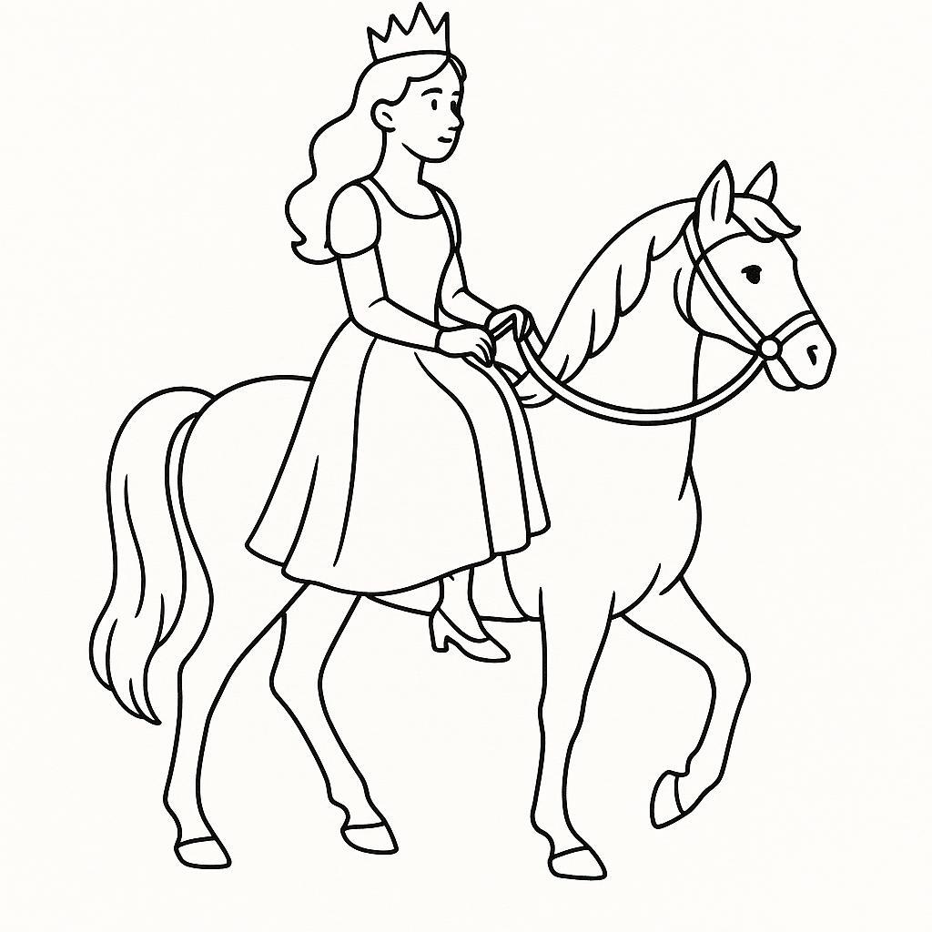 Coloring page of a princess, noble protector riding a white horse