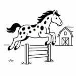 Page à colorier d&rsquo;un cheval de course, cheval de ferme sautant par-dessus une clôture