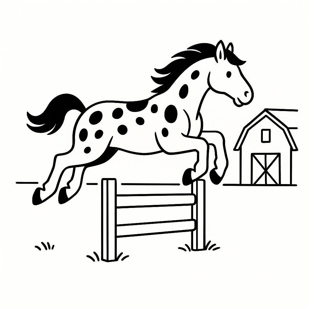 Coloring page of a racehorse, farm horse jumping over a fence