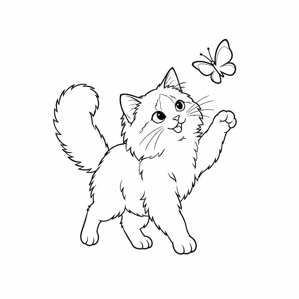 Coloring page of a Ragdoll cat, mischievous kitty chasing a butterfly