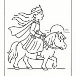 Page à colorier d’une cavalière de poney Shetland, princesse guerrière de fantaisie chevauchant au coucher du soleil