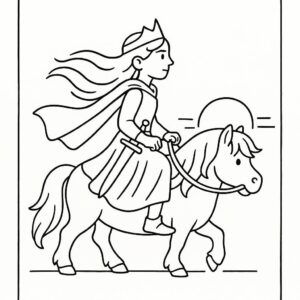 Coloring page of a Shetland pony female rider, fantasy warrior princess riding at sunset