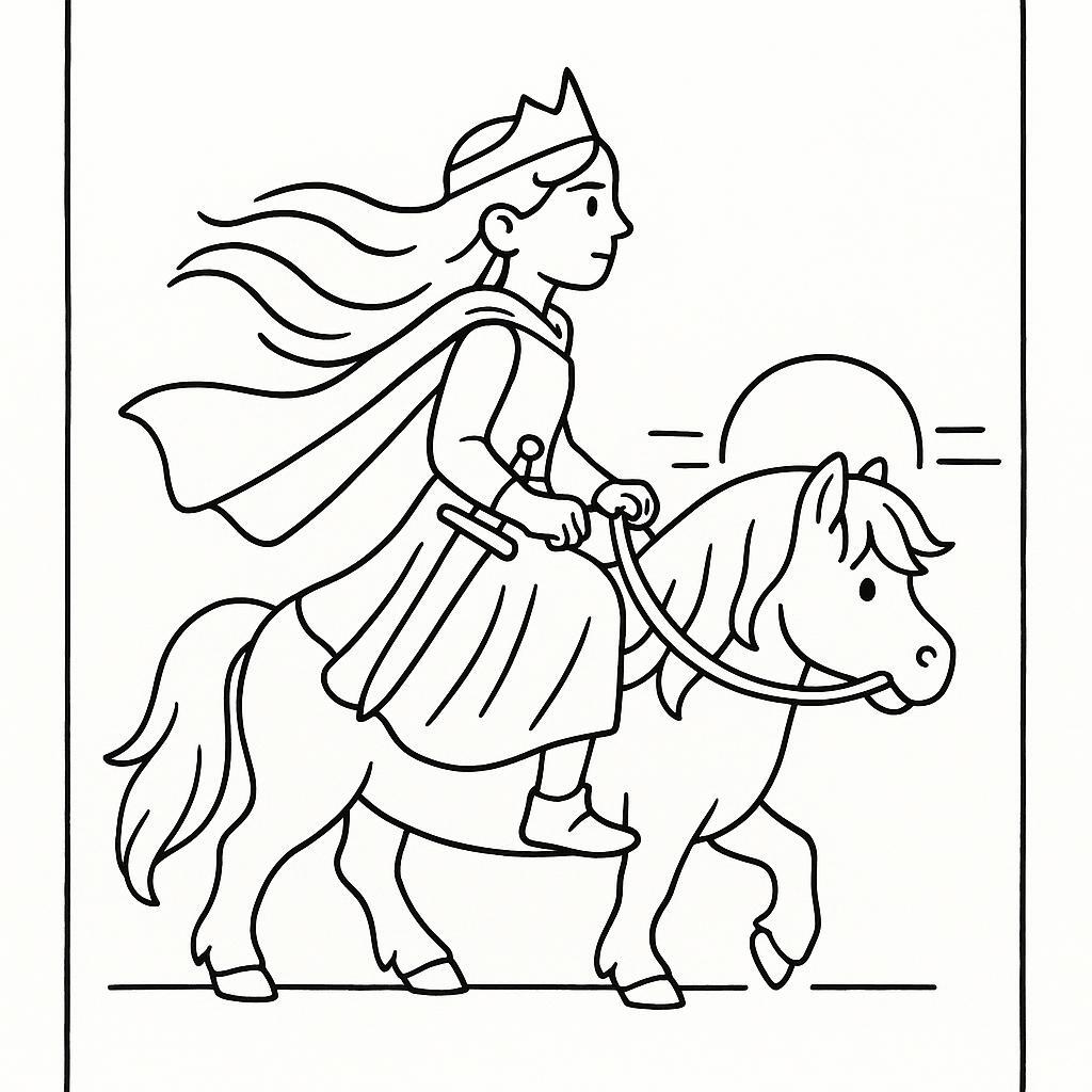 Coloring page of a Shetland pony female rider, fantasy warrior princess riding at sunset