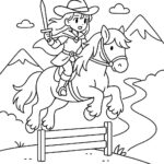 Page à colorier d’une cavalière de cheval Shire, princesse guerrière fantastique sautant par-dessus une clôture