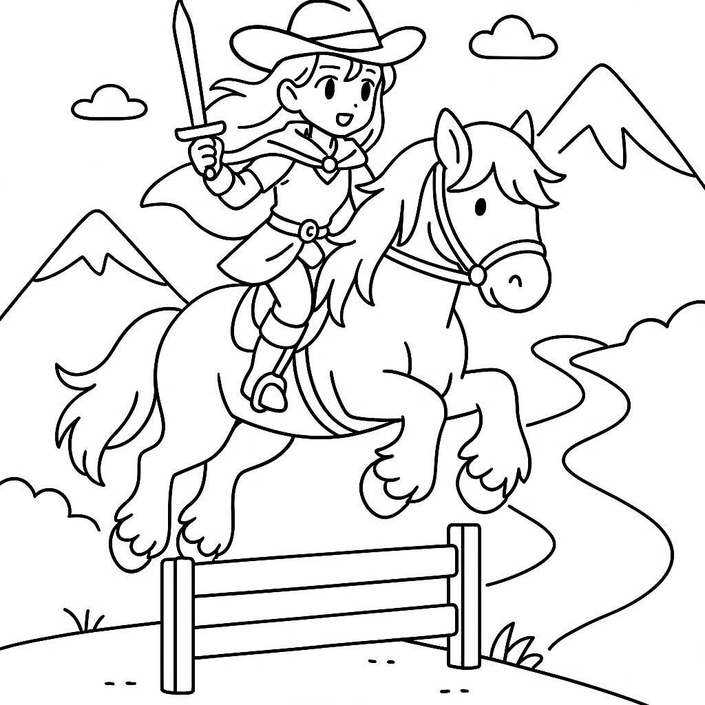 Page à colorier d'une cavalière de cheval Shire, princesse guerrière fantastique sautant par-dessus une clôture