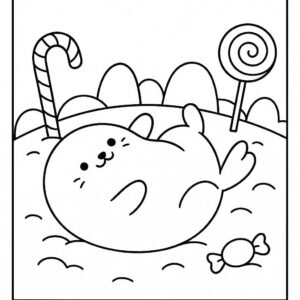 Coloring page of a smoosh squishy animal, puffy seal rolling around