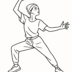 Page à colorier d’un danseur de rue, danseur contemporain adoptant une pose dramatique