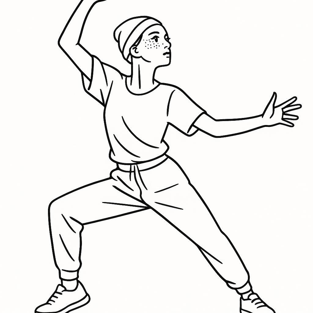 Coloring page of a street dancer, contemporary dancer striking a dramatic pose