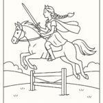 Page à colorier d&rsquo;une jeune femme pur-sang à cheval, princesse guerrière de fantasy sautant par-dessus une clôture