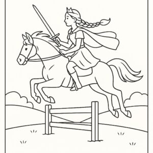 Coloring page of a Thoroughbred young woman on horseback, fantasy warrior princess jumping over a fence