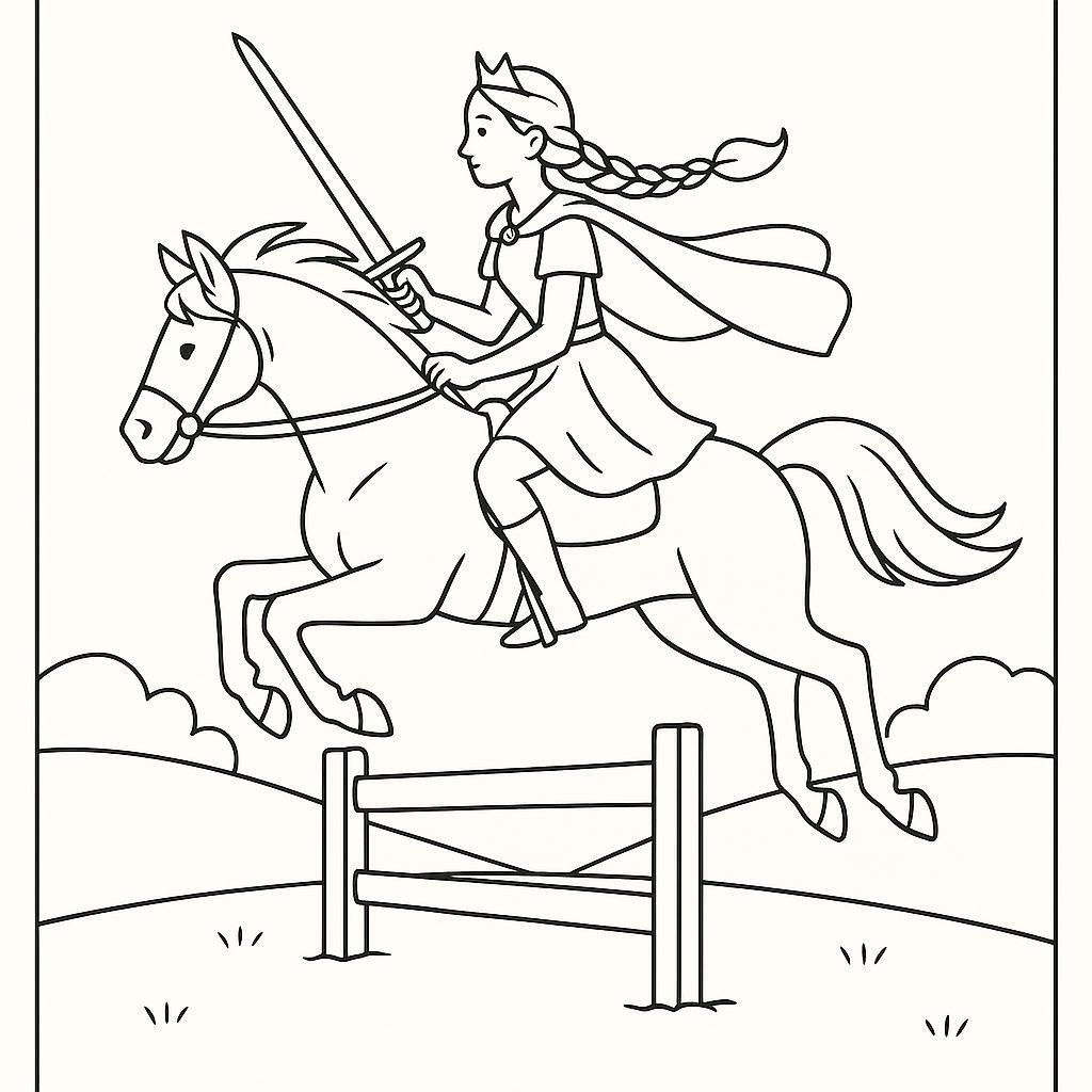 Page à colorier d'une jeune femme pur-sang à cheval, princesse guerrière de fantasy sautant par-dessus une clôture