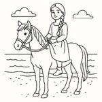 Page à colorier d’une jeune femme pur-sang à cheval, fille de village sur un poney, posant fièrement avec son cheval