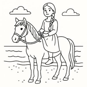 Coloring page of a Thoroughbred young woman on horseback, village girl on a pony posing proudly with her horse