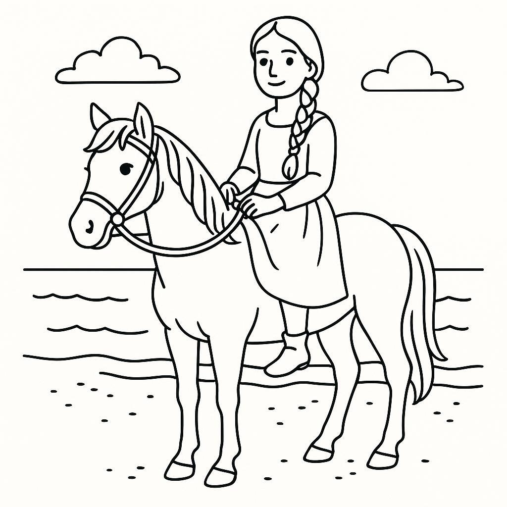 Page à colorier d'une jeune femme pur-sang à cheval, fille de village sur un poney, posant fièrement avec son cheval