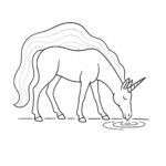 Page à colorier d&rsquo;une licorne, gardienne des rêves, buvant d&rsquo;un lac de cristal