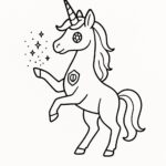 Coloring page of a unicorn, guardian of the forest spreading magical dust