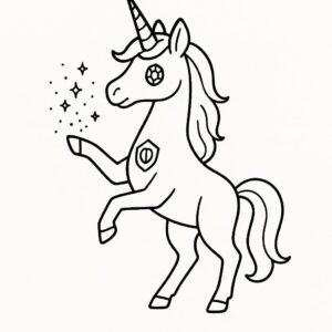 Coloring page of a unicorn, guardian of the forest spreading magical dust
