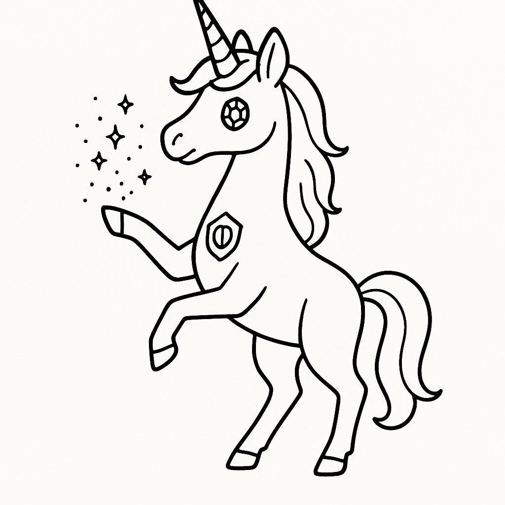 Coloring page of a unicorn, guardian of the forest spreading magical dust
